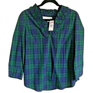 Vineyard Vines Blackwatch Plaid Ruffle V-Neck Top 4 Small Cotton‎ Blouse NWT $98